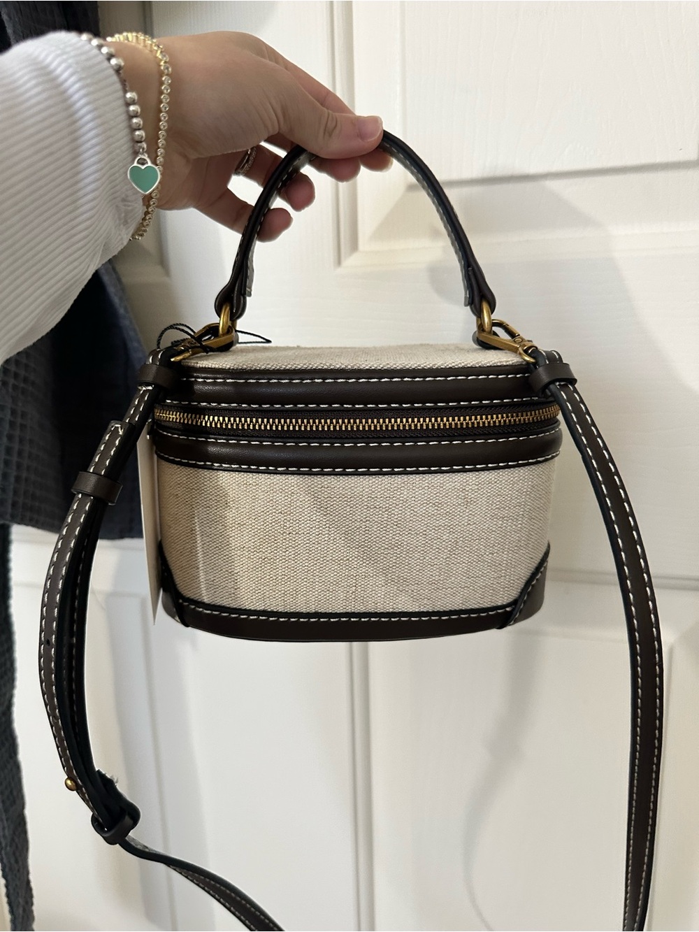 Zara Canvas and Dark Brown Leather Top-Handle Crossbody Bag